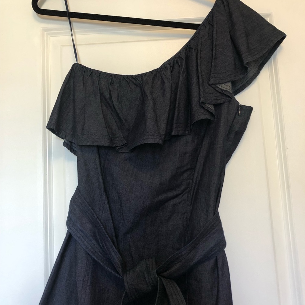 Trina Turk One-Shoulder Denim Ruffle Dress